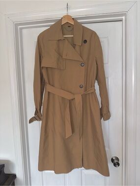 All Saints London MYLA Trench Coat Tan L Belted Rain Jacket Flared Designer